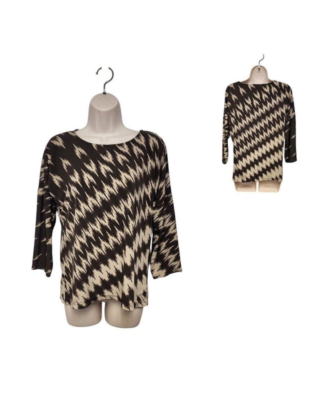 Chico's Womens Round Neck 3/4 Sleeve Brown/Tan Geo-Print Blouse Size 2-Large